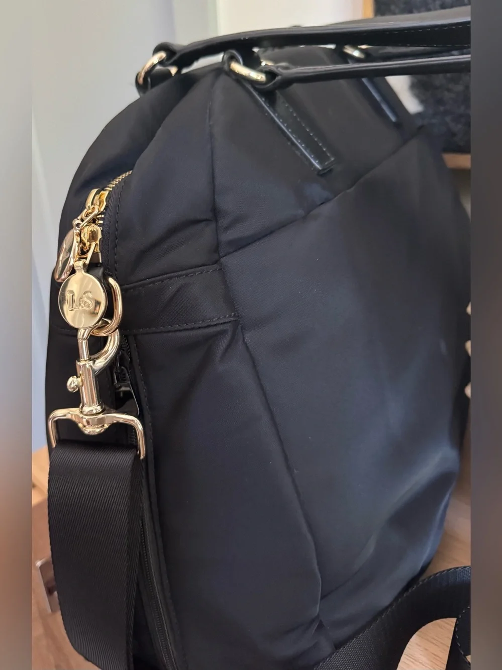 Lo and Sons Black OG Laptop Tote with Gold Accents and Lavender Interior